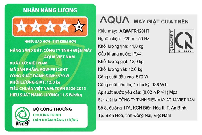 Máy giặt Aqua Lồng đứng 12 kg AQW-FR120HT BK